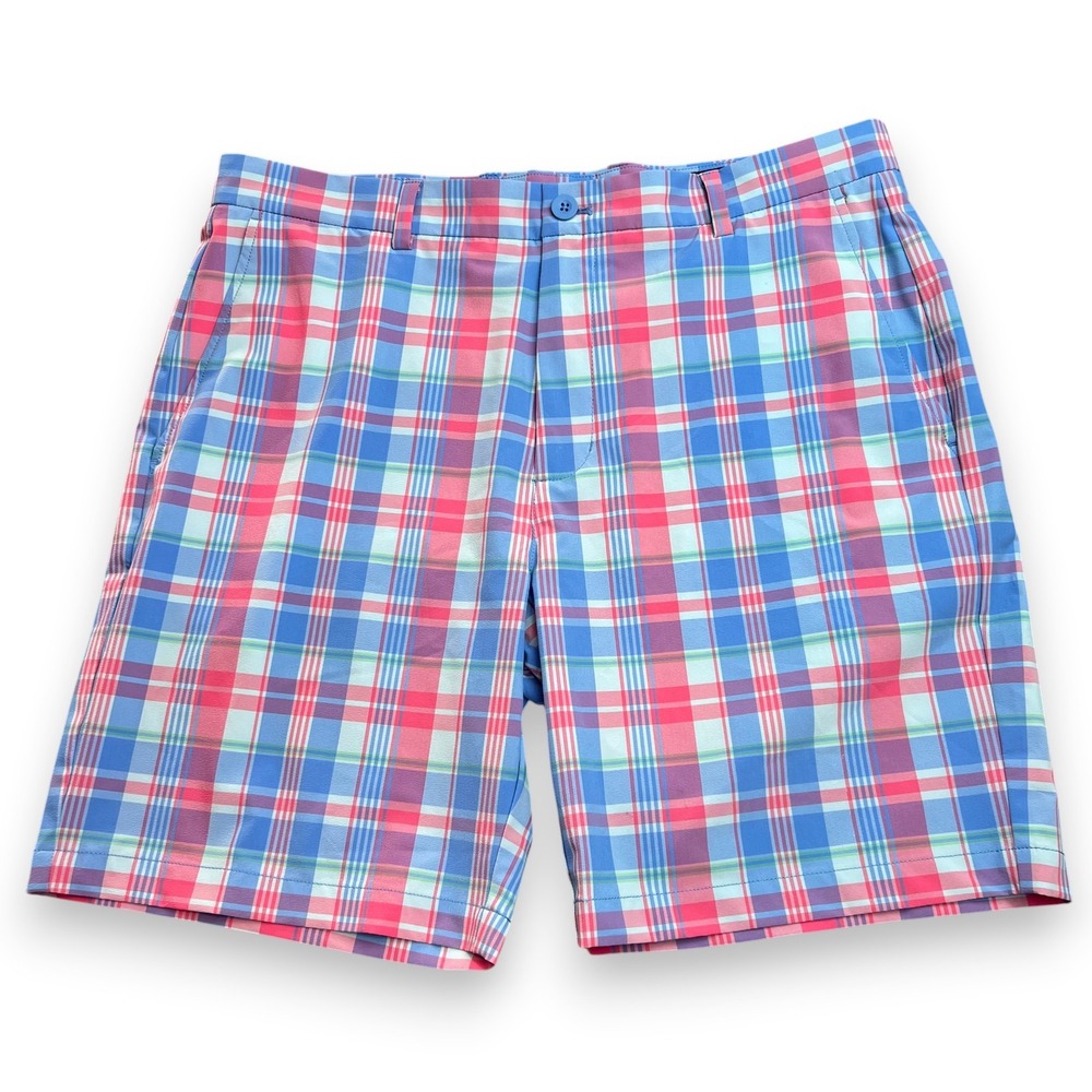 Vineyard Vines Breaker Performance Shorts Mens 36 Blue Pink Plaid Golf 8 In